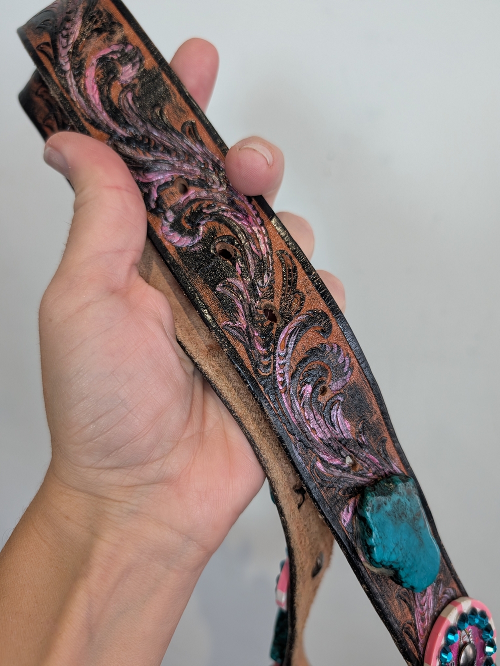 Women s Turquoise & Pink Decorative Leather Western Belt - Picture 5 of 5